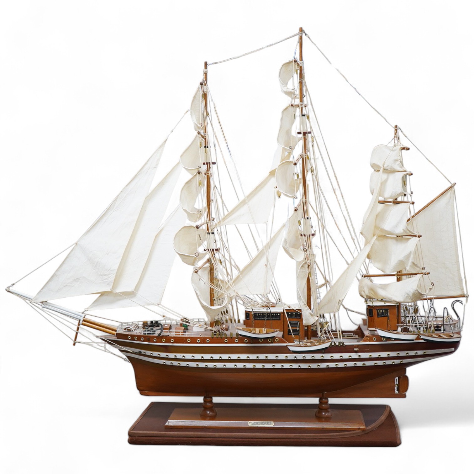 A large wooden ship model 'Amerigo Vespucci' three masted fully rigged and stand, 108cm high